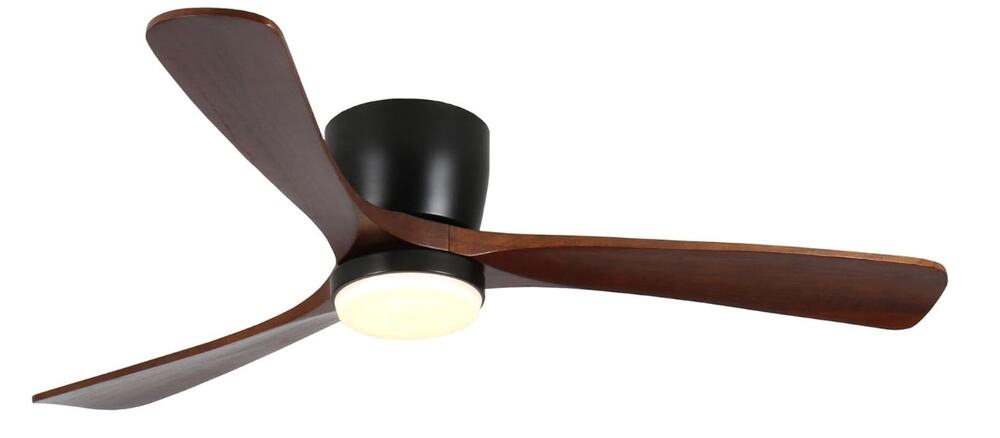 42" Flush Mount Ceiling Fan LED Light Remote App Solid Wood Blades Black